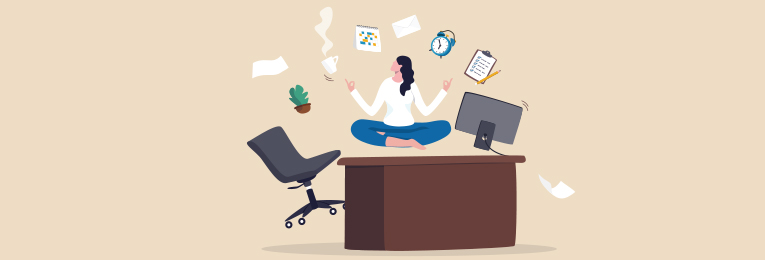 An illustrative image of a woman sitting at a work table with her legs crossed, surrounded by various well-being icons floating around her.